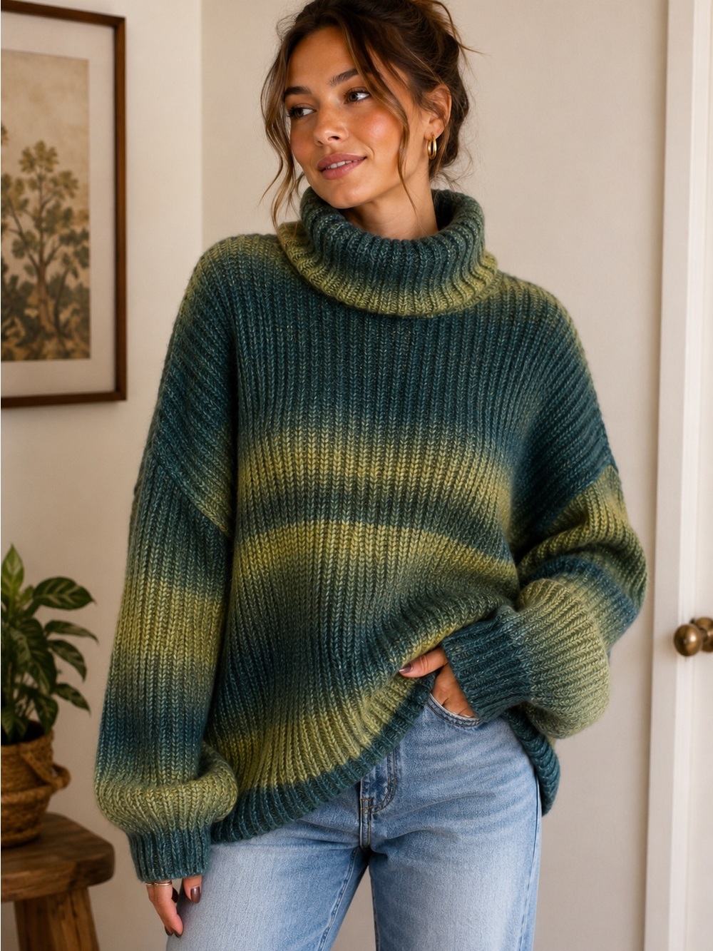 Old Navy Chunky Knit Turtleneck Sweater Large Green Brushed Halo Oversized Cozy - Picture 11 of 11